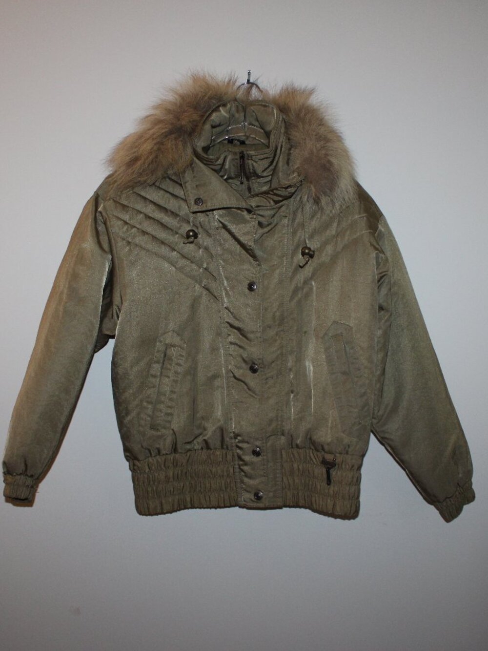 VTG 80s Fera Skiwear Metallic Sage Green Quilted Winter Bomber Jacket Sz 10 Coat